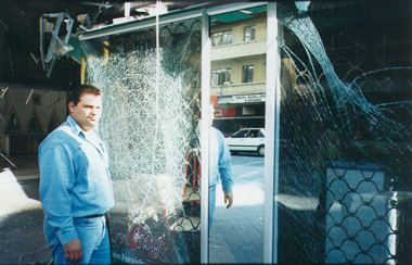 glass-held-together-by-Klingshield's-safety-film-during-bomb-blast