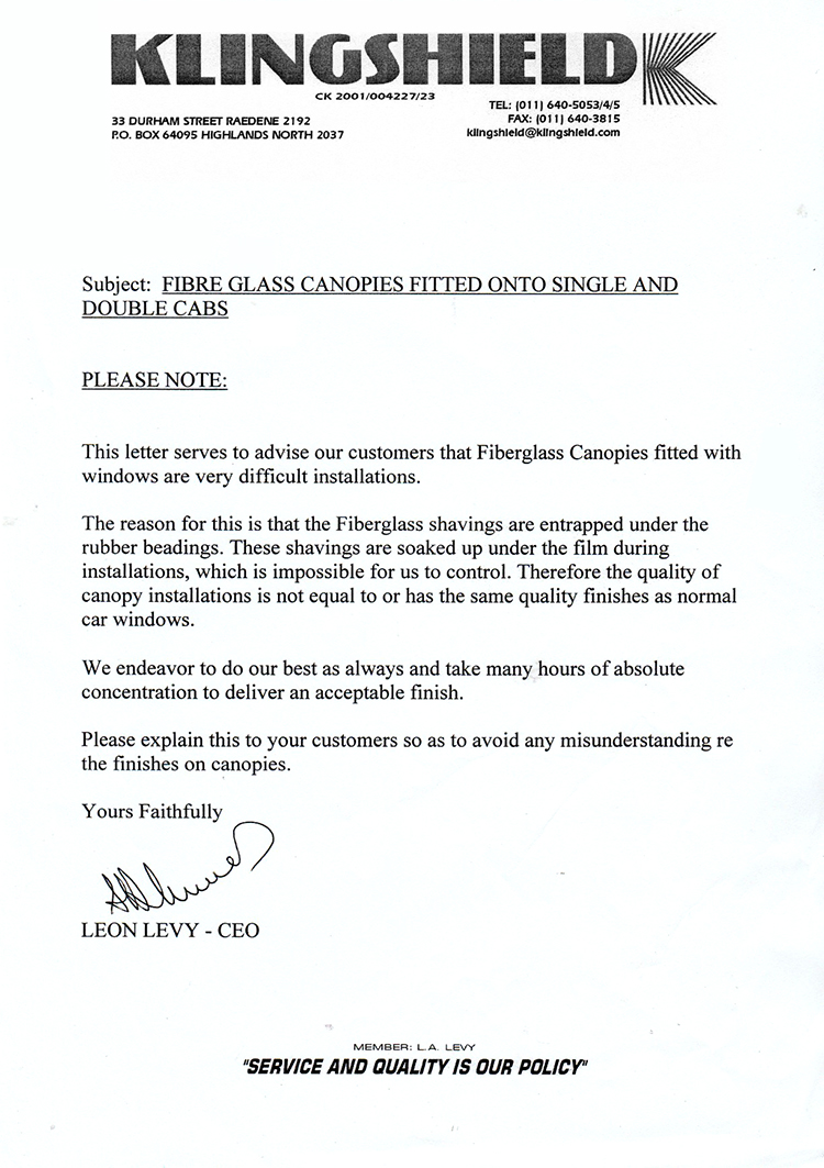 warning about film on canopy