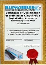 window film installation certificate